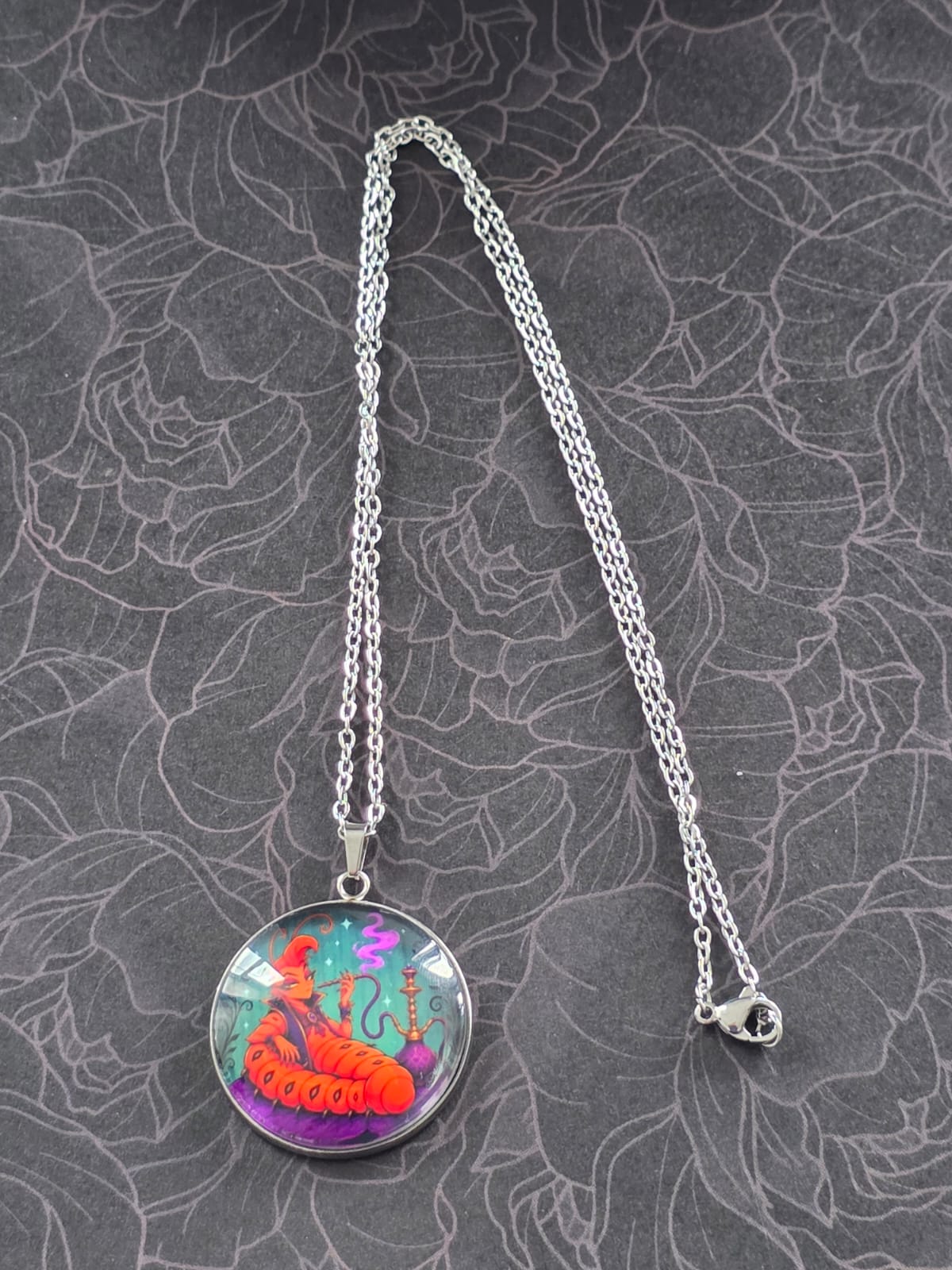 Alice in Wonderland Inspired Hellverse Caterpillar 30mm Pendant Stainless Steel 20 Inch Necklace
