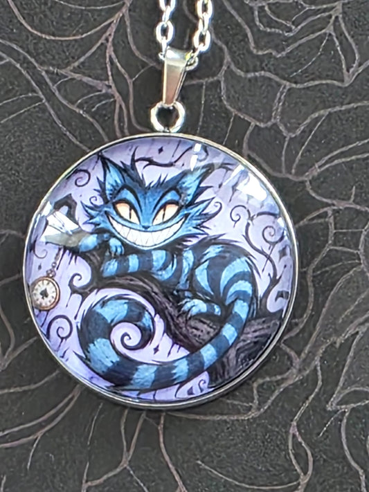 Alice in Wonderland Inspired Hellverse Cheshire Cat 30mm Pendant Stainless Steel 20 Inch Necklace