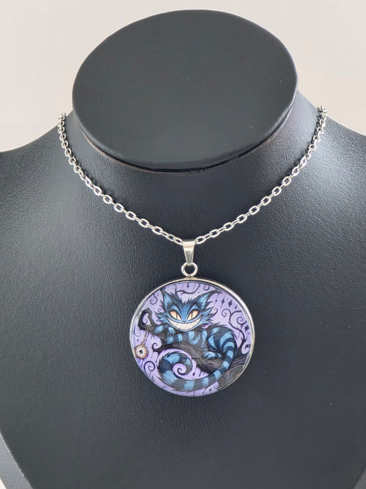Alice in Wonderland Inspired Hellverse Cheshire Cat 30mm Pendant Stainless Steel 20 Inch Necklace