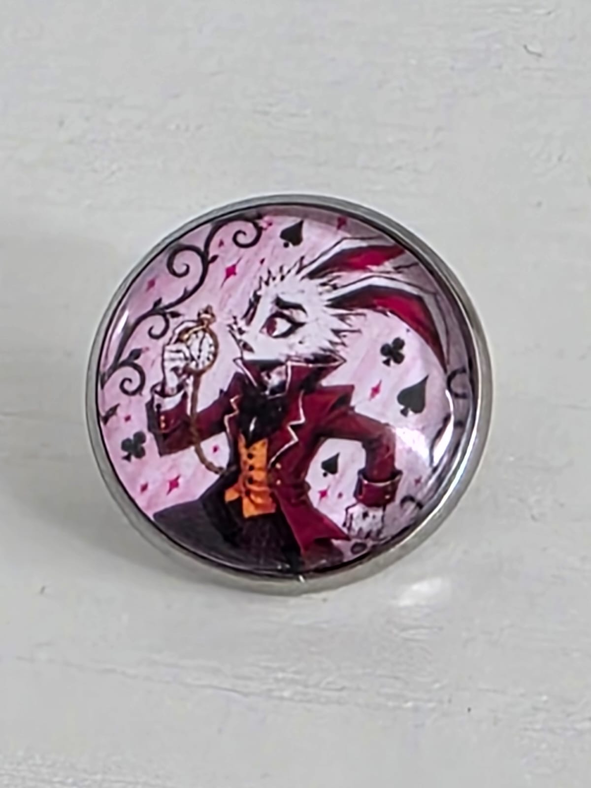 Alice in Wonderland Inspired Hellverse White Rabbit 20mm Stainless Steel Glass Cabochon Pin