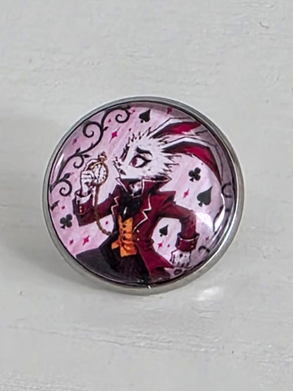 Alice in Wonderland Inspired Hellverse White Rabbit 20mm Stainless Steel Glass Cabochon Pin