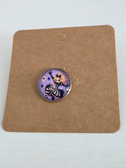 Alice in Wonderland Inspired Hellverse Alice 20mm Stainless Steel Glass Cabochon Pin