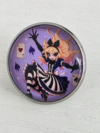 Alice in Wonderland Inspired Hellverse Alice 20mm Stainless Steel Glass Cabochon Pin