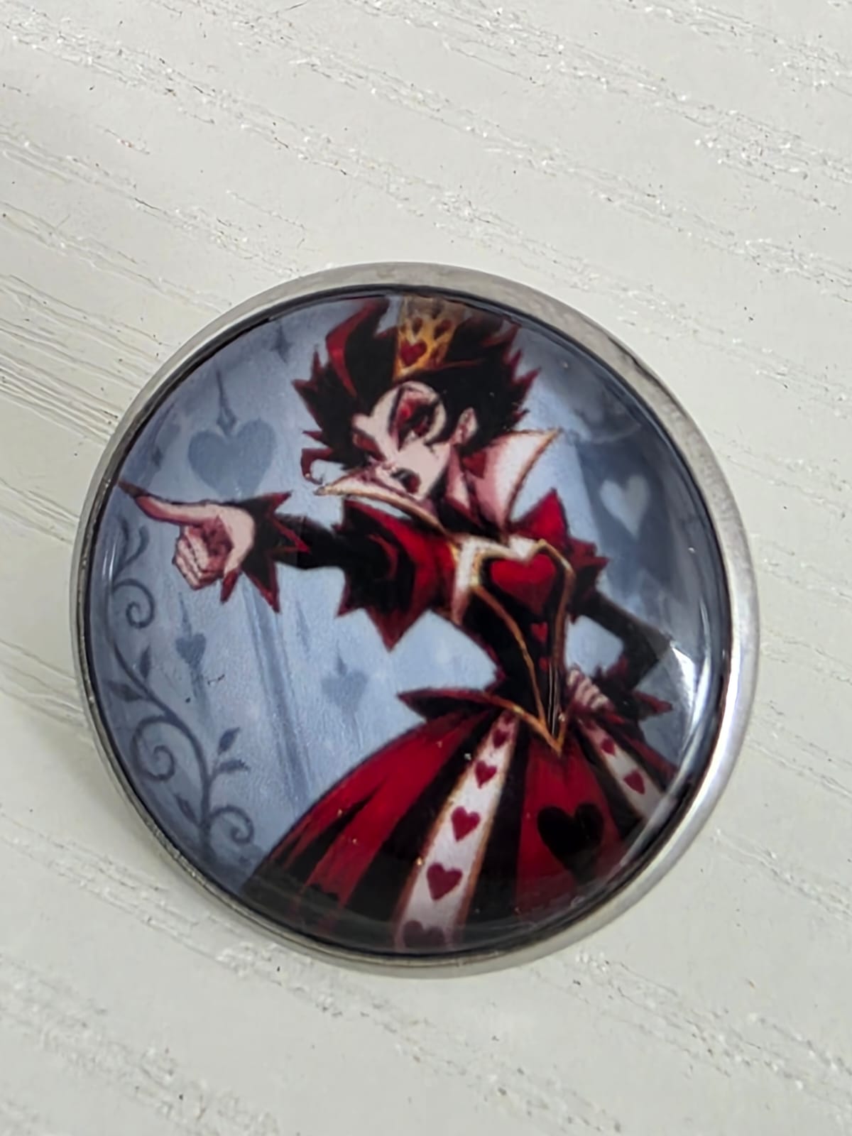 Alice in Wonderland Inspired Hellverse Queen of Hearts 20mm Stainless Steel Glass Cabochon Pin