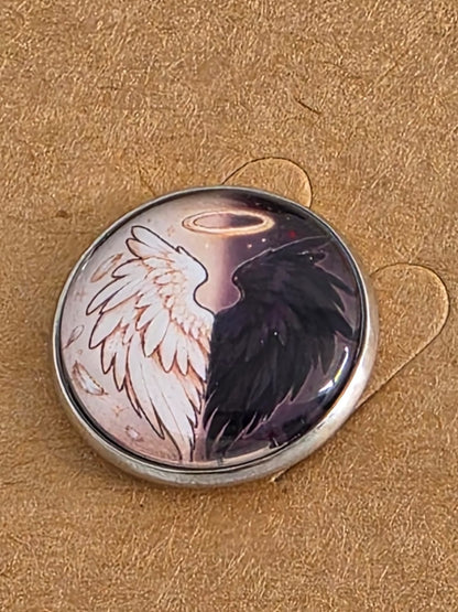 Good Omens Inspired Split Wing 20mm Stainless Steel Glass Cabochon Pin