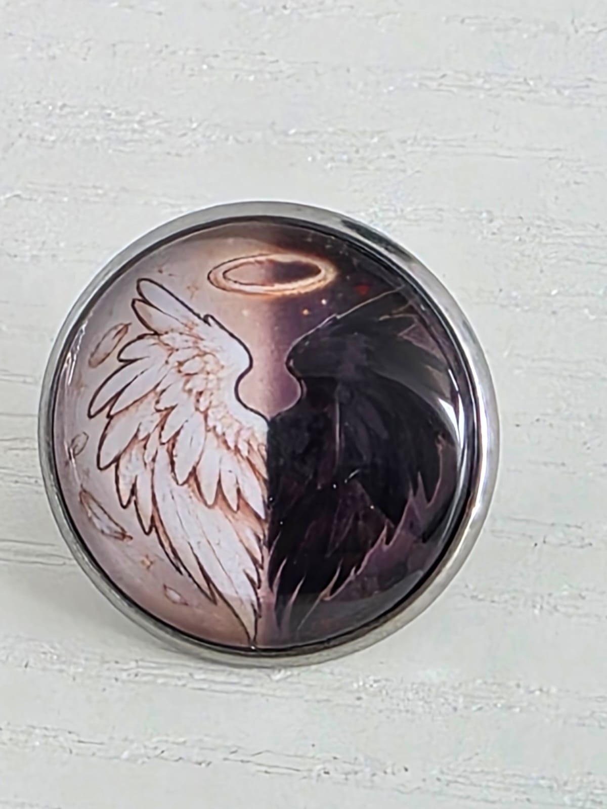 Good Omens Inspired Split Wing 20mm Stainless Steel Glass Cabochon Pin