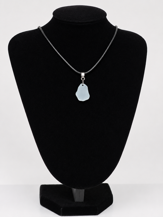 Light blue Sea pottery pendant necklace on a black waxed cord adjustable necklace